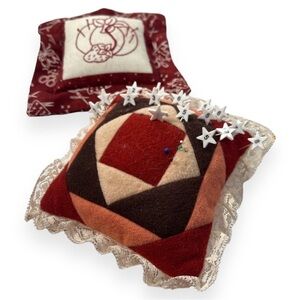 Vintage Handmade Pincushions Quilted and Embroidered‎ Crewel with Lace Edge